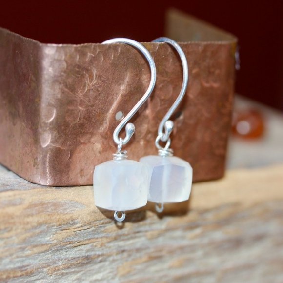 Tiny Silver Earring - Small Square Gem Earrings - White Chalcedony Earrings - - Picture 6 of 9
